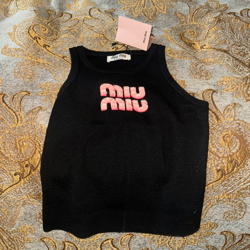 Miu Miu Black Crop Top with Pink Logo